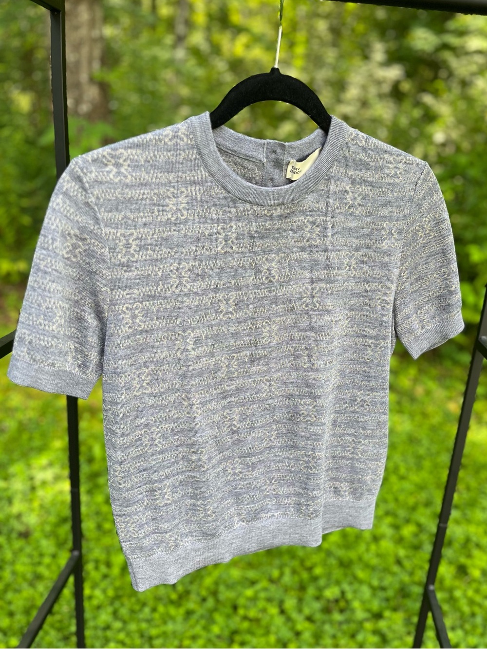 Tory Burch Sublime Wool Mockneck Light Gray Short Sleeve Knit Top